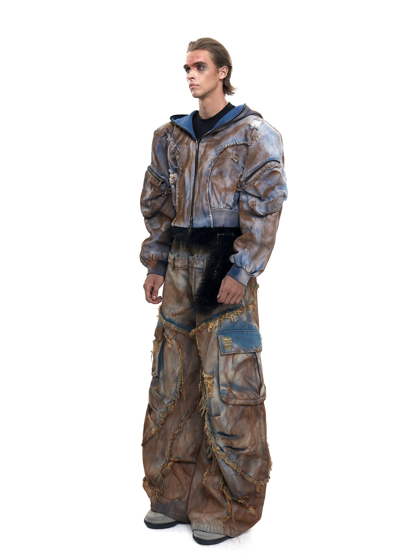 【25s Aug.】Deconstructed Wasteland Style Distressed Mud-dyed Denim Jacket / Patchwork Jeans