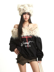 【25s Sep.】Vintage Off-the-shoulder Fur Collar Sweatshirt
