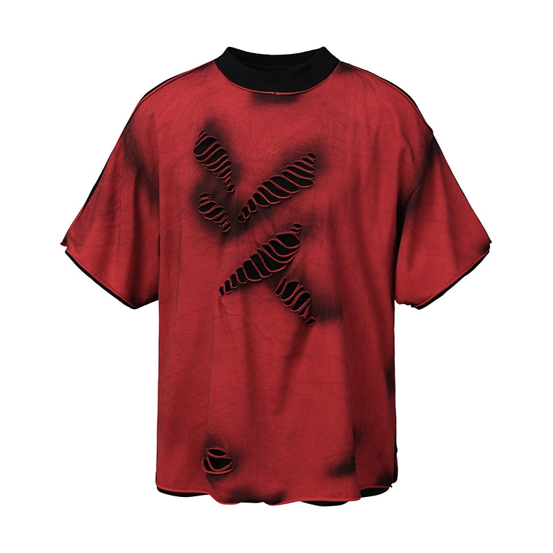 【25s Apr.】Black & Red Distressed Cotton Layered T-Shirt