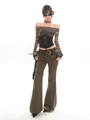 【25s Jun.】Mesh Cinched Tie Street Off-Shoulder Top