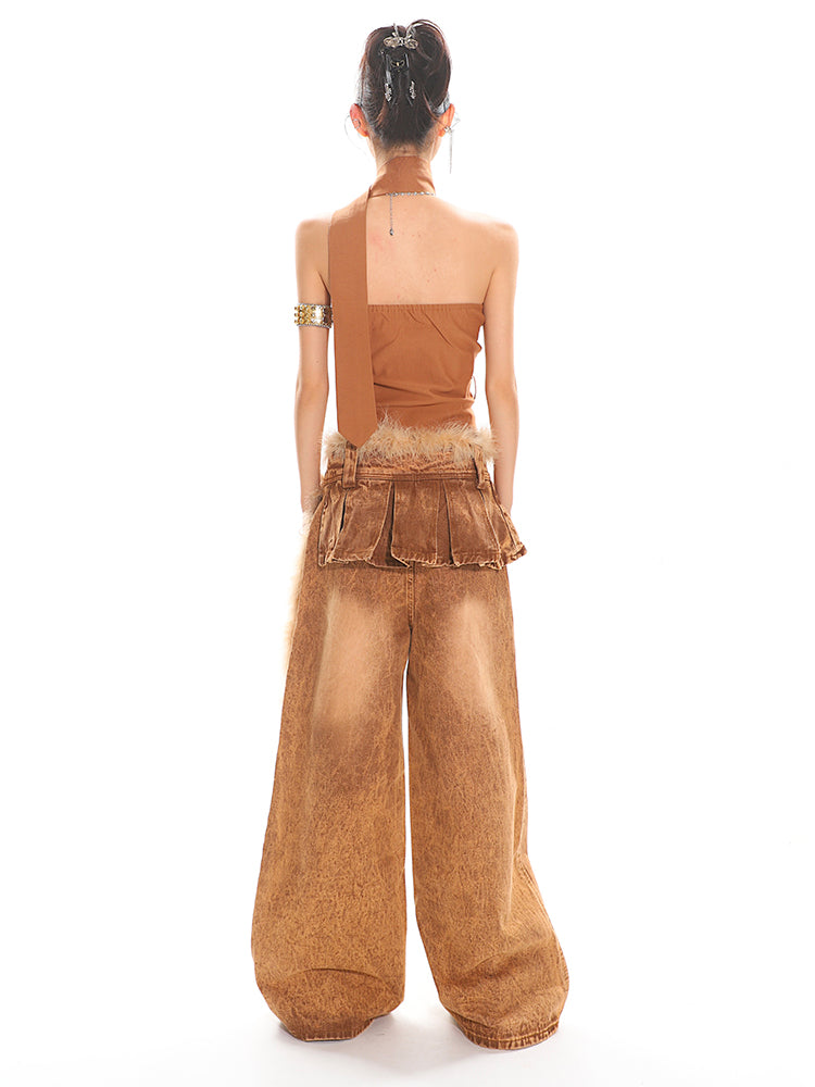 【25s Apr.】Washed Brown Pleated Skirt Spliced Jeans