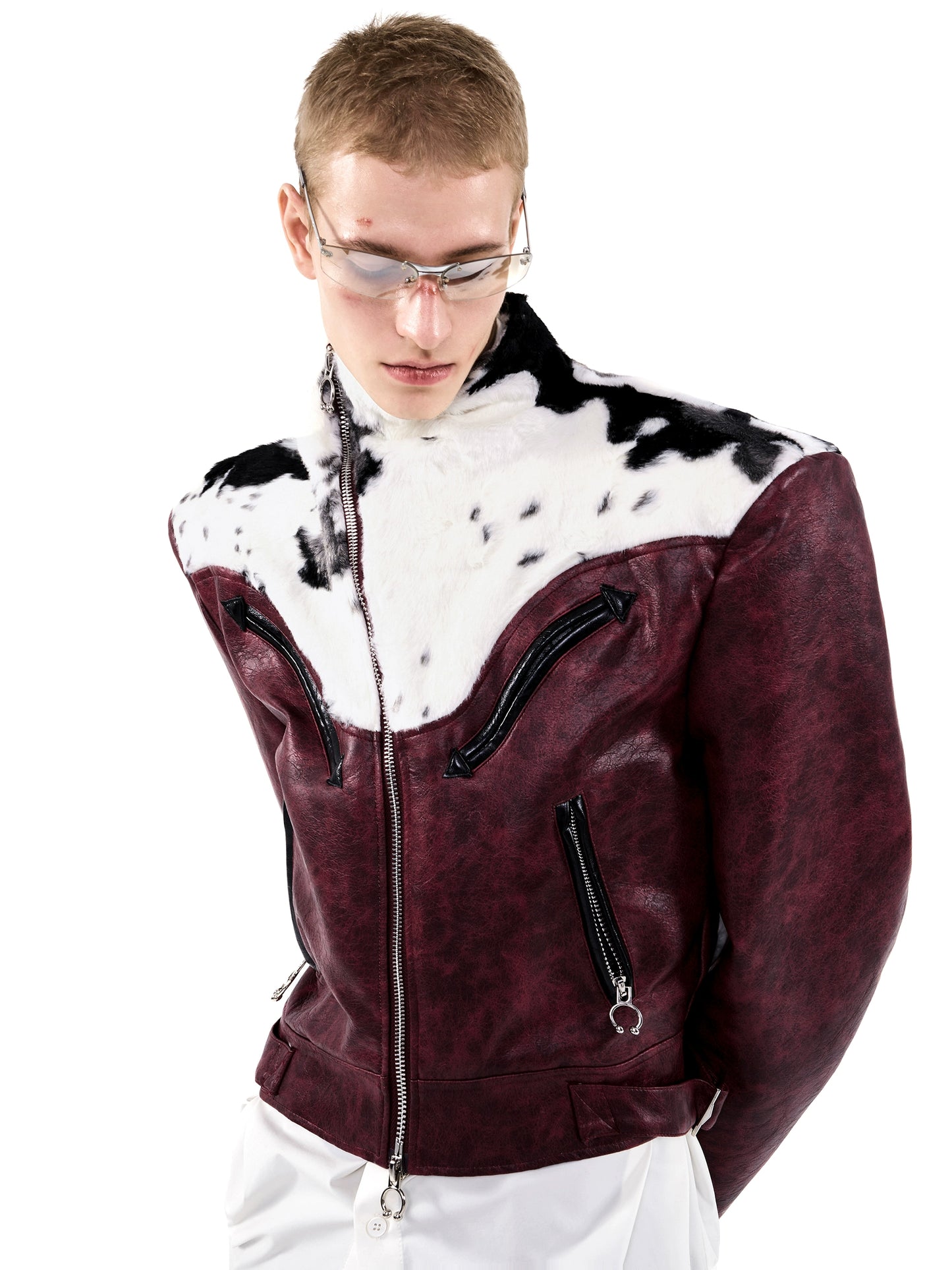 Cow Print Diagonal Zipper Plush Patchwork Leather Jacket