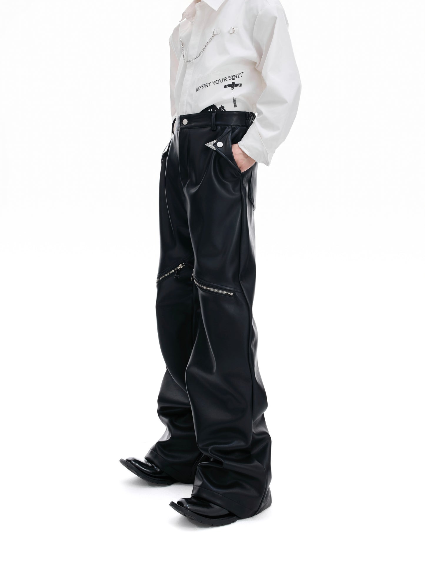 【25s Aug.】Vintage Metal Zipper Shiny Leather Pants