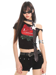 【25s Jun.】Rhinestone One-Shoulder Slim Fit Tee