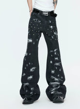 【26s Apr.】Distressed Studded Irregular Flared Denim Pants