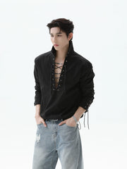 【25s Sep.】Deep V-neck Solid Color Tie-string Shirt