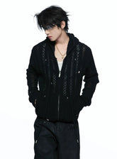 Slim Hollow-Out Star Studded Hooded Knit Zip Cardigan