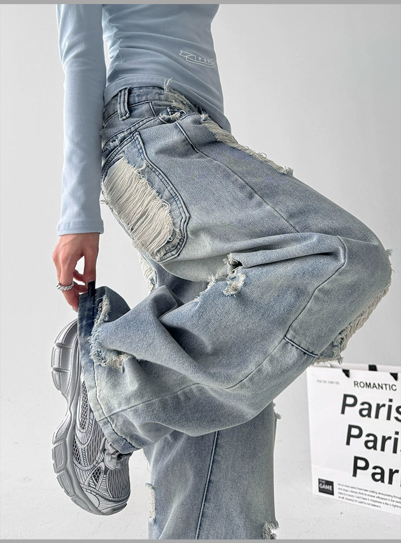 【25s Aug.】Vintage Blue Distressed Washed Loose Wide-Leg Jeans