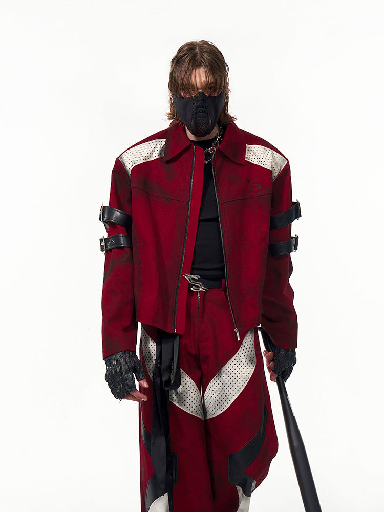 【25s Apr.】Dark Red Patchwork Leather Straps Dirty Dyed Denim Jacket+ Pants
