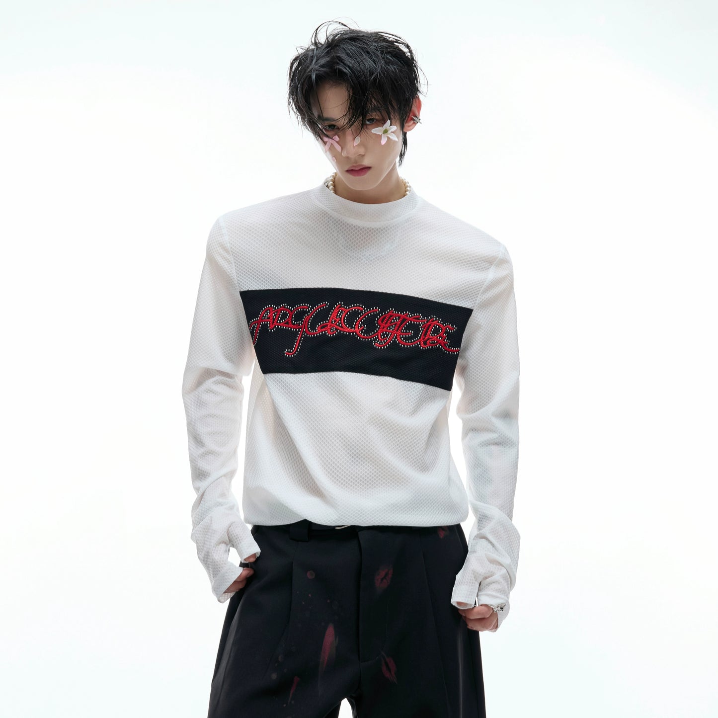 【25s Aug.】Mesh Elastic Slim Fit Embroidered Bottoming Shirt