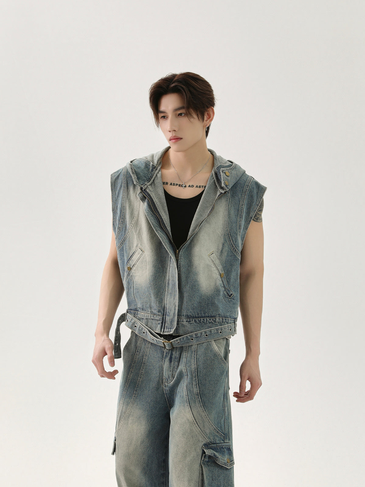 【25s Apr.】Vintage Distressed Denim Vest Vest Patchwork Trousers Casual Suit