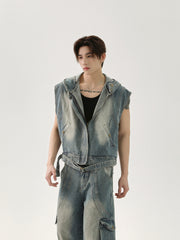 【25s Apr.】Vintage Distressed Denim Vest Vest Patchwork Trousers Casual Suit