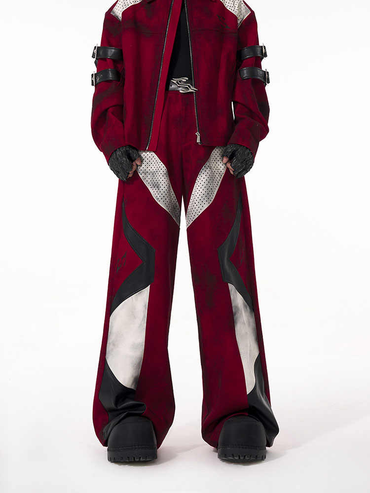 【25s Apr.】Dark Red Patchwork Leather Straps Dirty Dyed Denim Jacket+ Pants