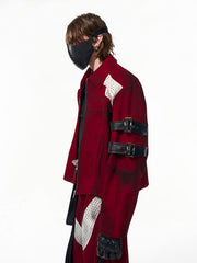 【25s Apr.】Dark Red Patchwork Leather Straps Dirty Dyed Denim Jacket+ Pants