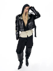 【25s Oct.】Cool Motorcycle Sequined Cropped Leather Jacket