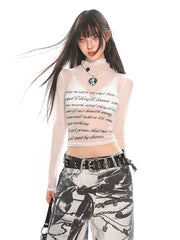 【25s Jul.】See-through Mesh Letter Print Long Sleeve Top