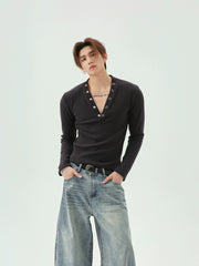 【25s Jun.】Button V-Neck Slim Fit Shirt