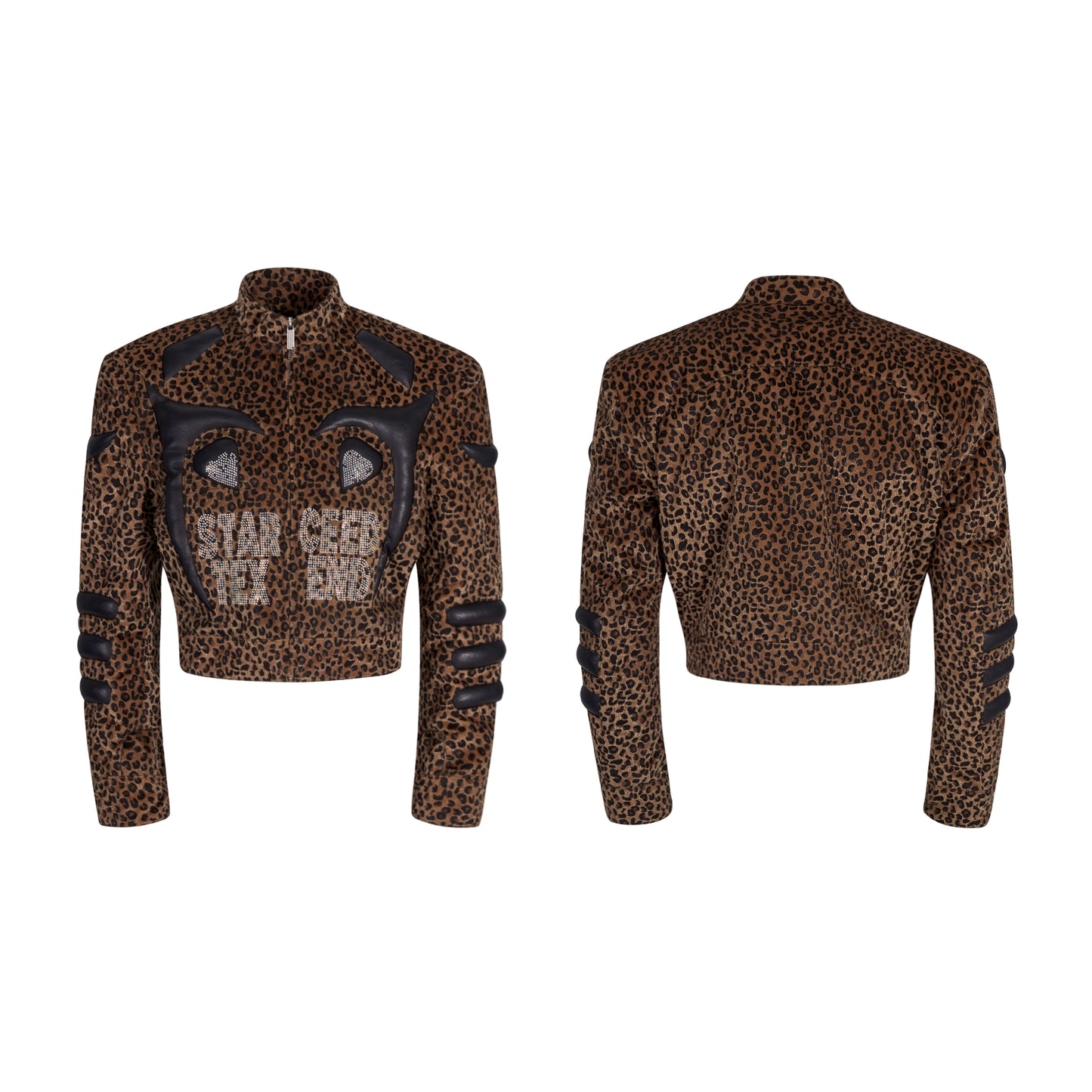 【25s Oct.】Leopard Print Leather and Rhinestone Stand Collar Jacket
