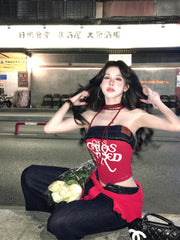 【25s Mar.】Chic Denim Set with Strapless Top and Pants