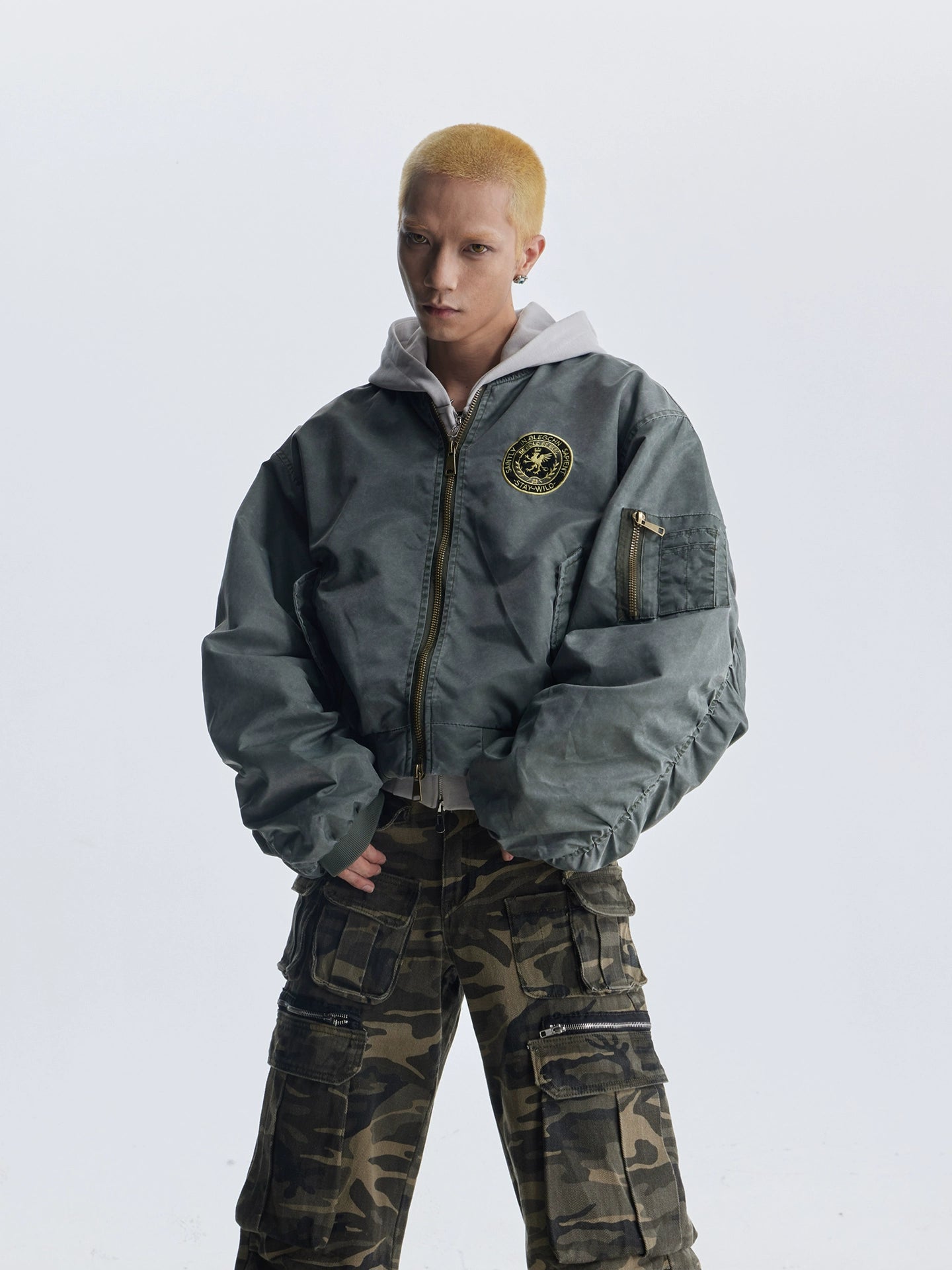 【25s Aug.】Distressed Washed Loose Bomber Jacket