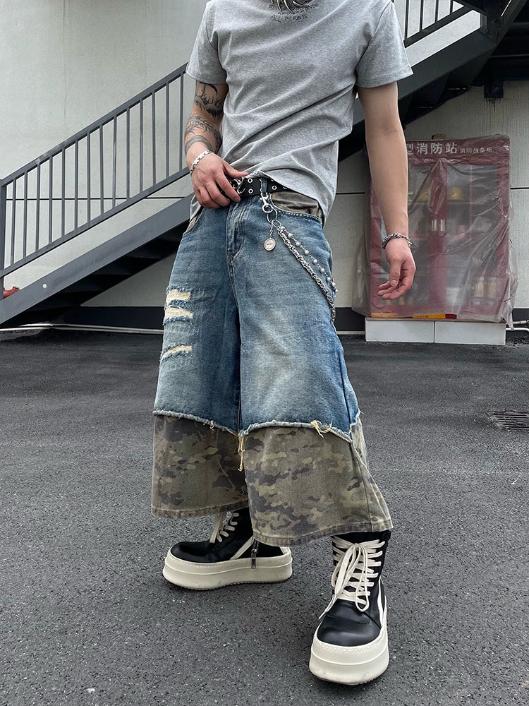 【25s Jun.】Vintage Patchwork Camouflage Denim Capri Pants