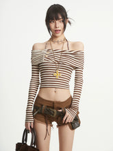 【25s Aug.】Off-Shoulder Striped Slim Fit Vintage Long Sleeve