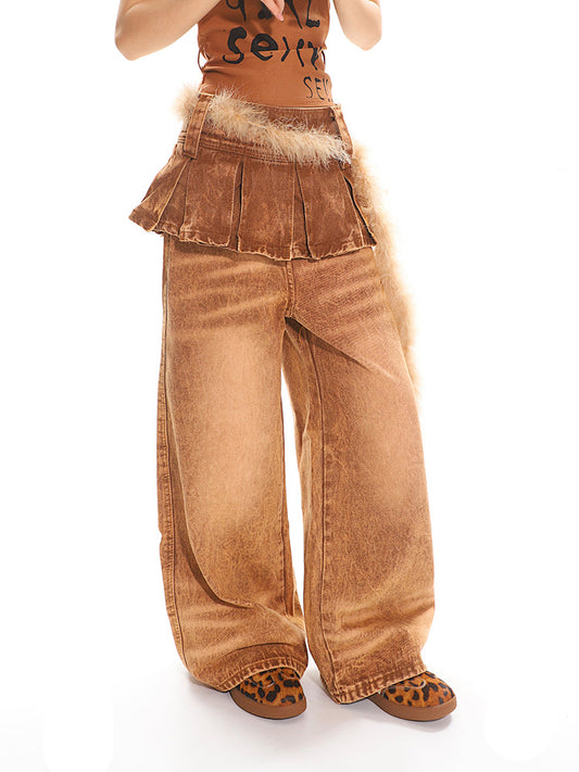 【25s Apr.】Washed Brown Pleated Skirt Spliced Jeans