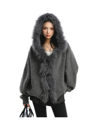 【25s Nov.】Large Fur Collar Patchwork Hooded Knit Sweater