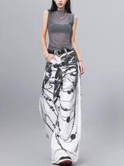 【25s Jul.】Ink-Print Washed High-Waist Loose Jeans
