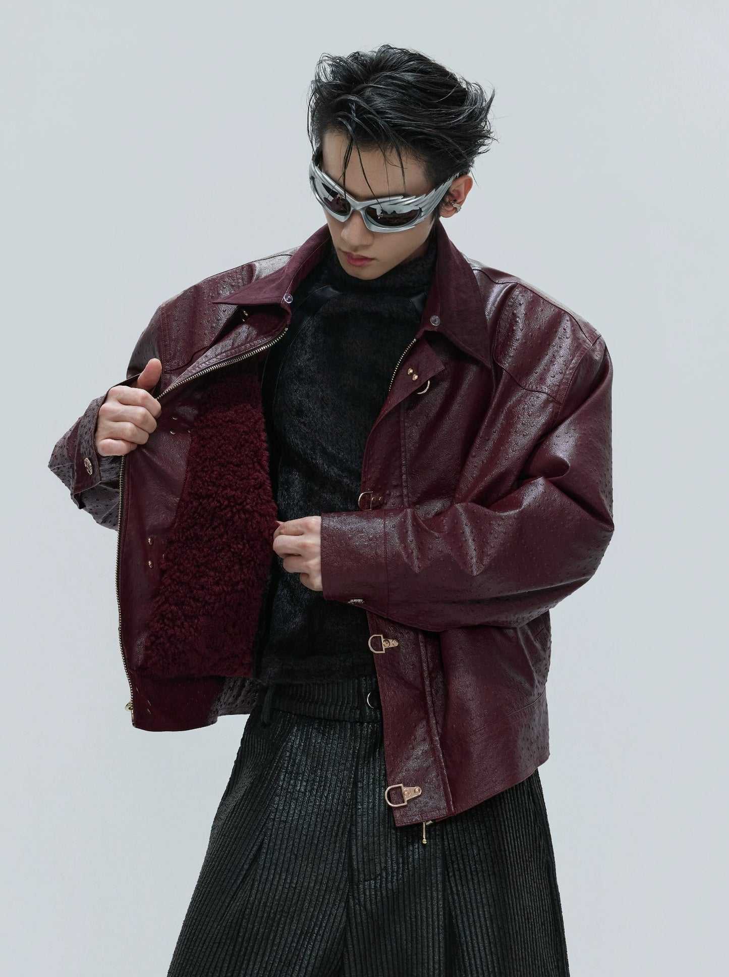 【25s Nov.】Ostrich Leather Aircraft Button Plush Leather Jacket