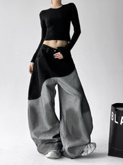 【25s Aug.】Patchwork Spray-Paint Contrast Wide-Leg Scimitar Jeans