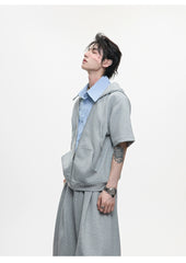 【25s Jul.】Stitching Contrast Color Hooded Short Sleeve Shirt / pants
