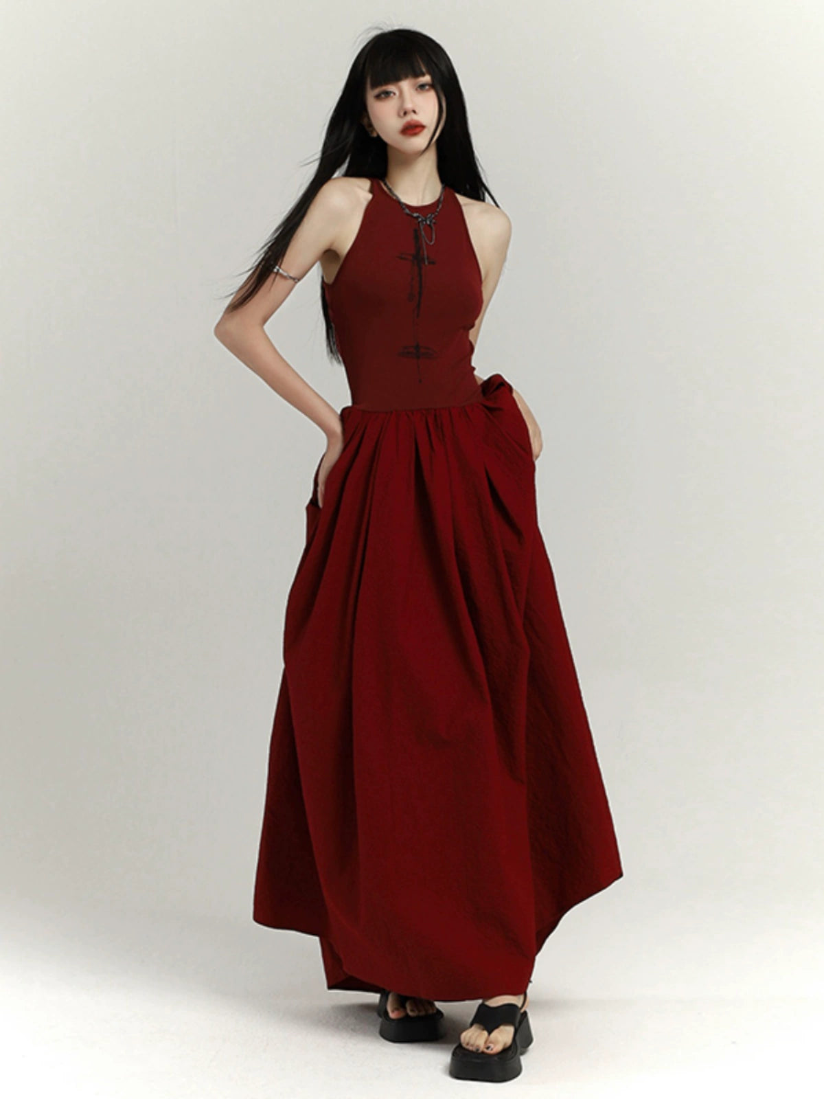 【25s Jul.】Sleeveless Printed Waist-Cinched Dress