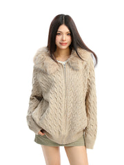 【25s Dec.】Detachable Fur Collar Cable Knit Hooded Sweater