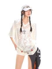 【25s Jun.】Lace Letter Beaded V-Neck Loose-Fit Mesh Jersey