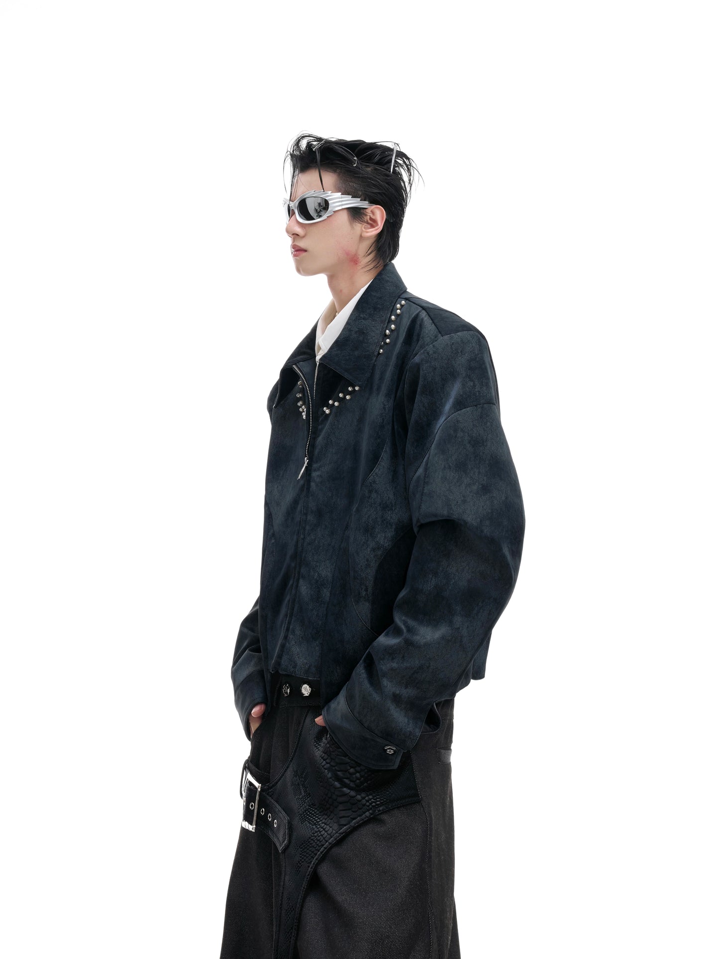 【25s Aug.】Pearl Deconstructed Textured Cropped Leather Jacket