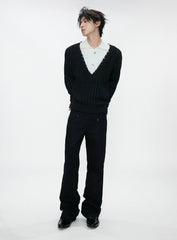 Double Collar Contrast Ribbed Wool Sweater
