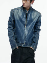 Waxed Blue Denim Stand Collar Jacket