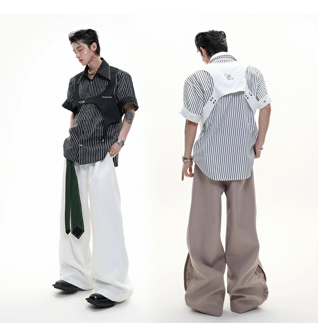 【25s Jun.】Monochrome Layered-Collar Striped Shirt