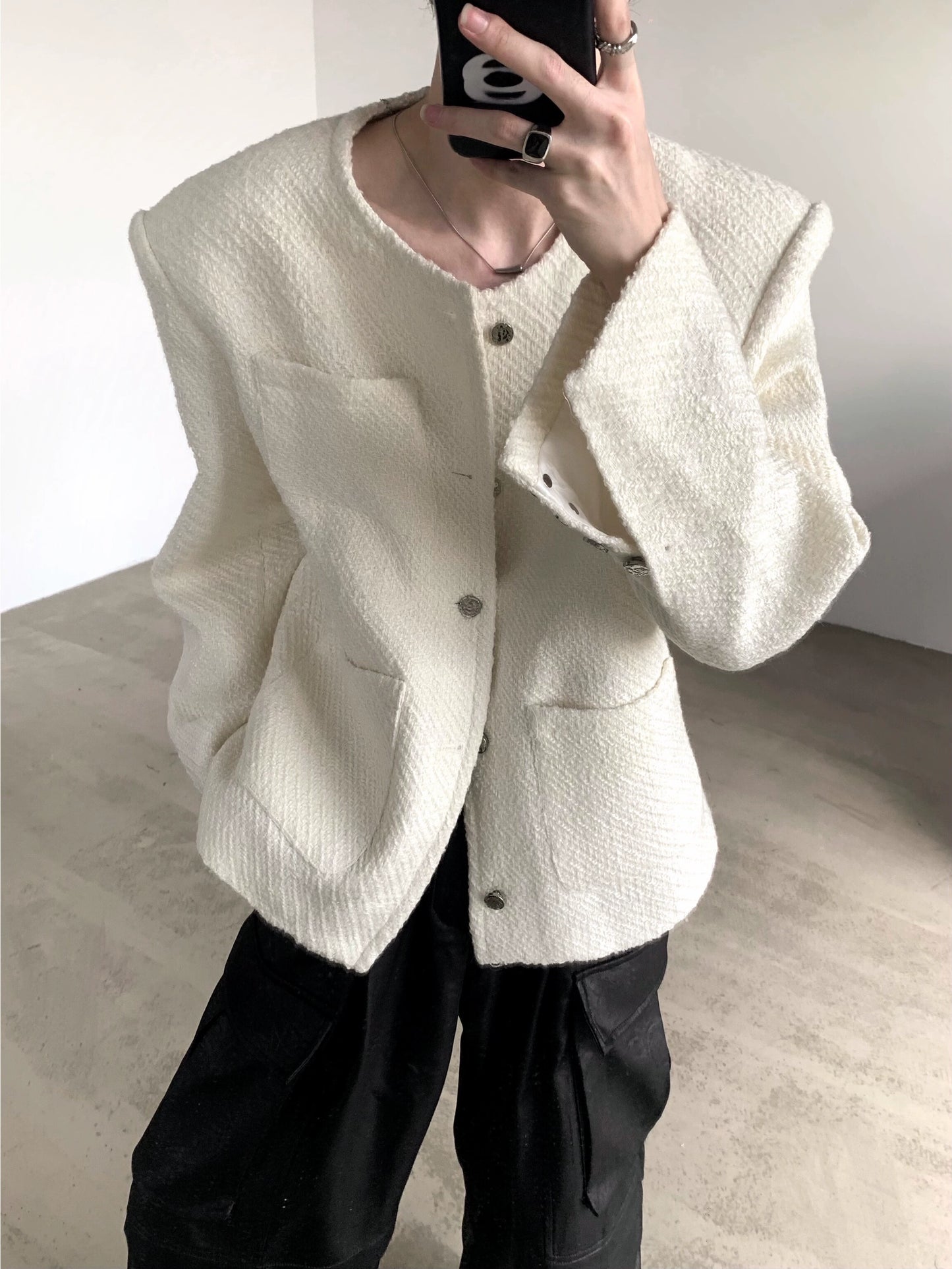 【25s Jul.】White Tweed Collarless Shoulder-Pad Jacket