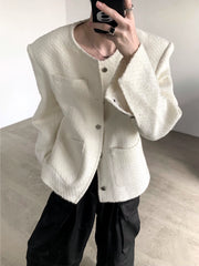 【25s Jul.】White Tweed Collarless Shoulder-Pad Jacket