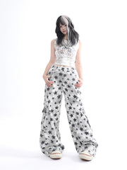 【26s May】Star Patch Distressed Camo Straight Denim Pants