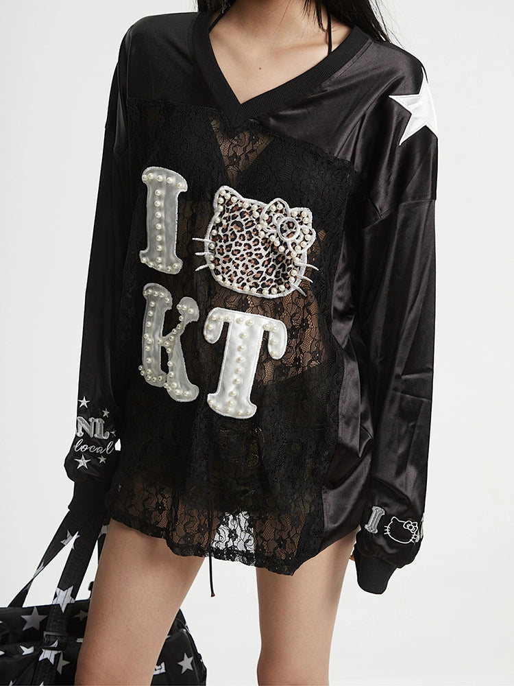 【25s Aug.】Loose V-neck Lace Pearl Stitching Long Sleeves