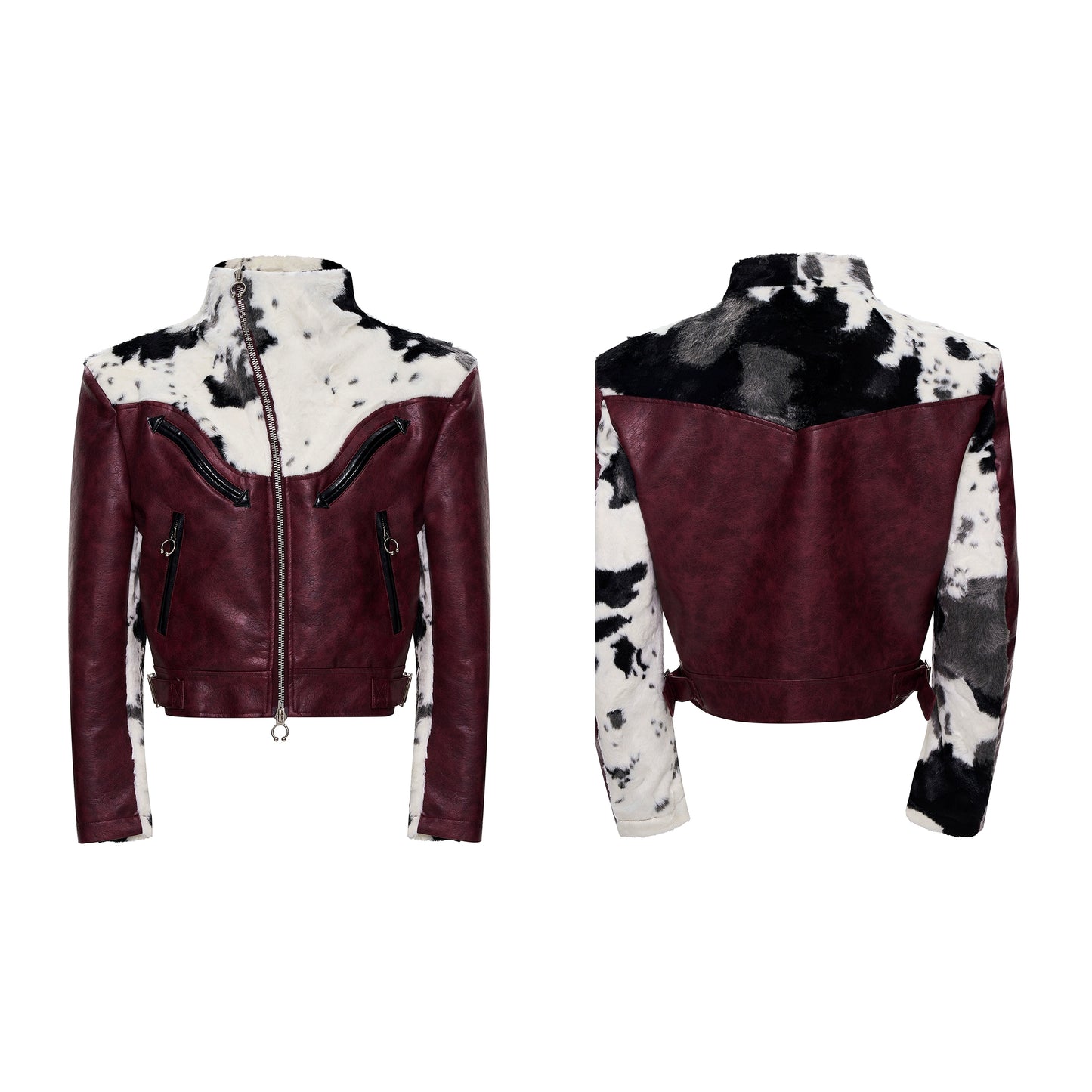 Cow Print Diagonal Zipper Plush Patchwork Leather Jacket