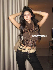 Hot Girl Leopard Print Fur Patchwork Halter Top