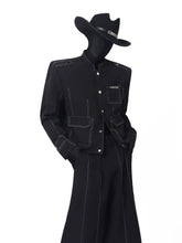 Black Contrast-Stitch Stand Collar Suit