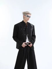 【26s Jan.】Ink-Splashed Stand Collar Metal-Detail Blazer Jacket