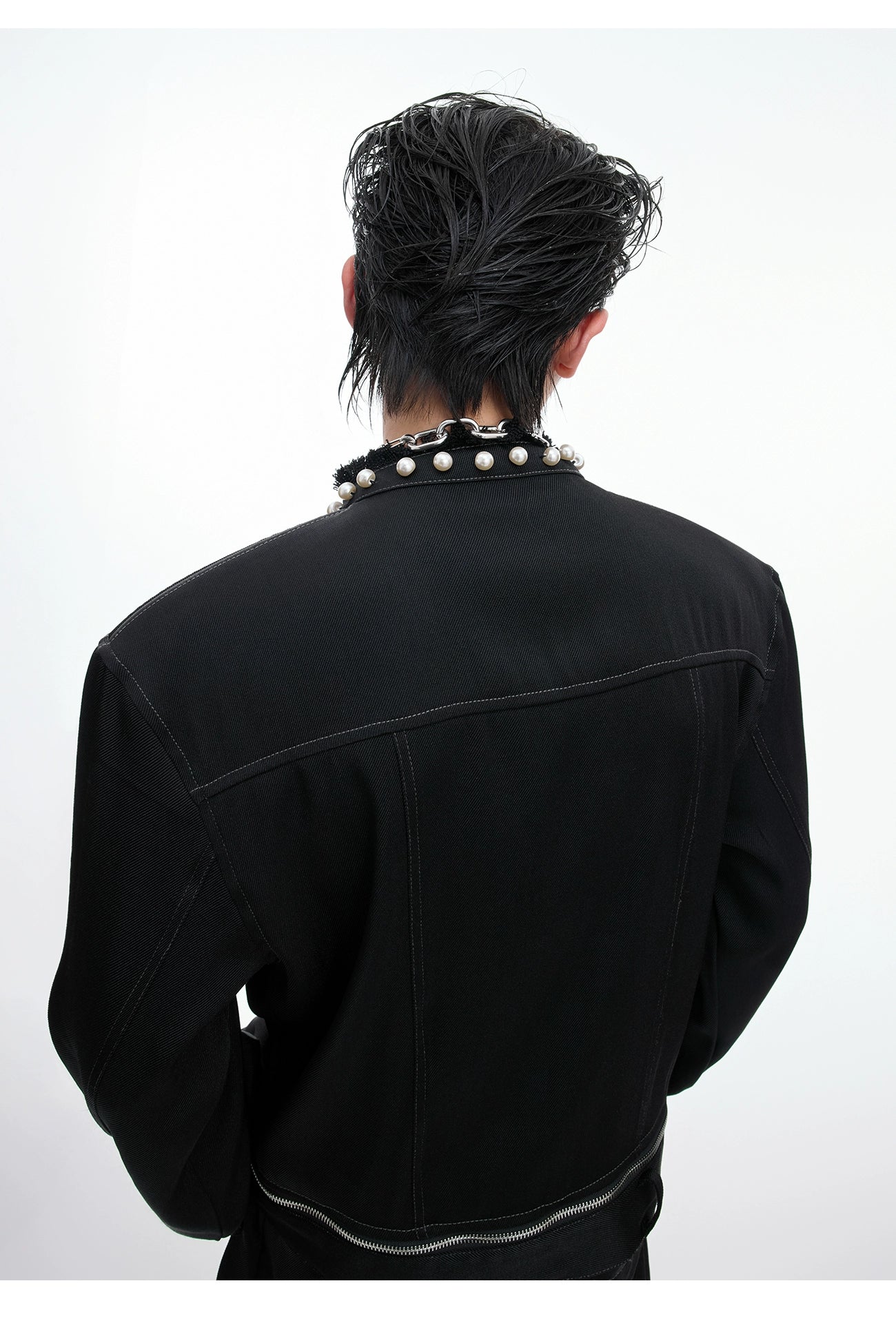 【25s Aug.】Pearl Embellishment Elegant Collarless Loose Denim Jacket / Jeans