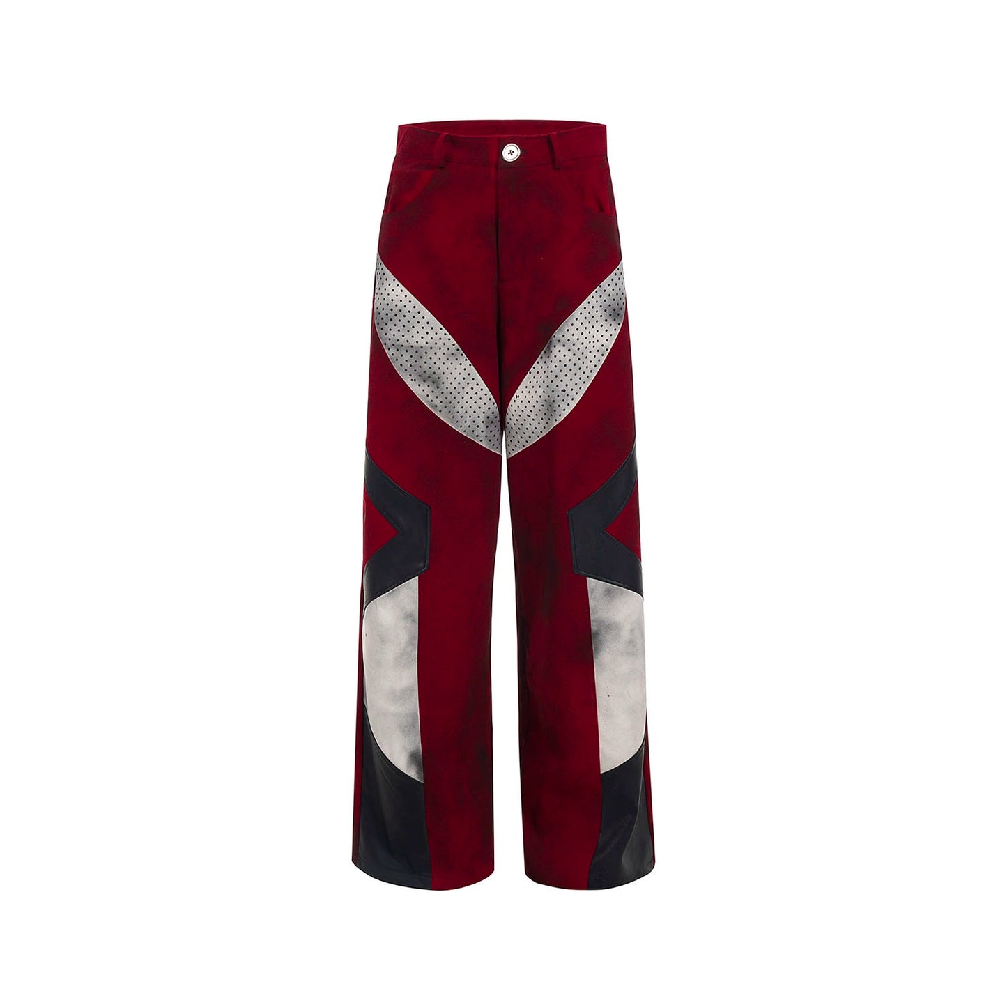 【25s Apr.】Dark Red Patchwork Leather Straps Dirty Dyed Denim Jacket+ Pants