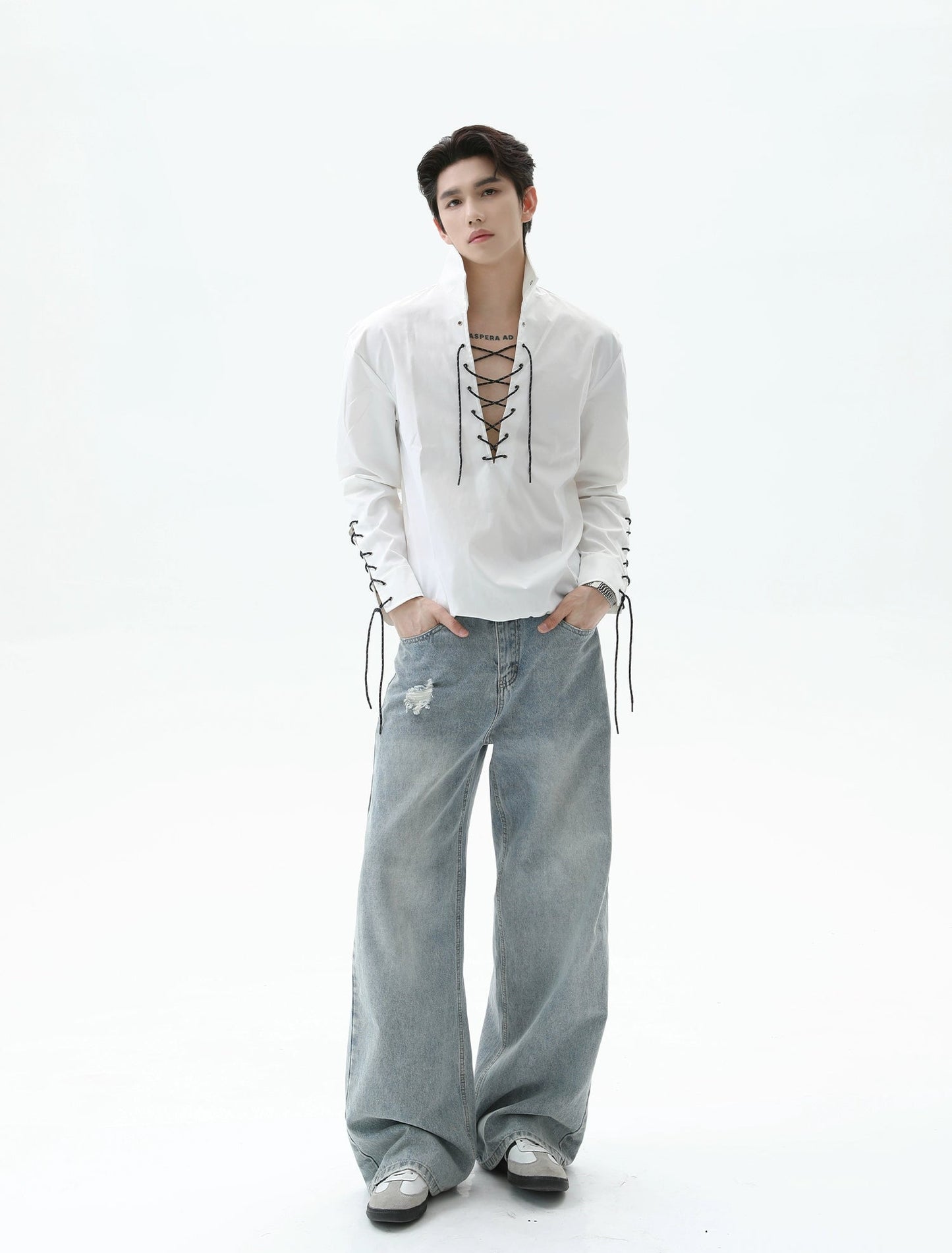 【25s Sep.】Deep V-neck Solid Color Tie-string Shirt